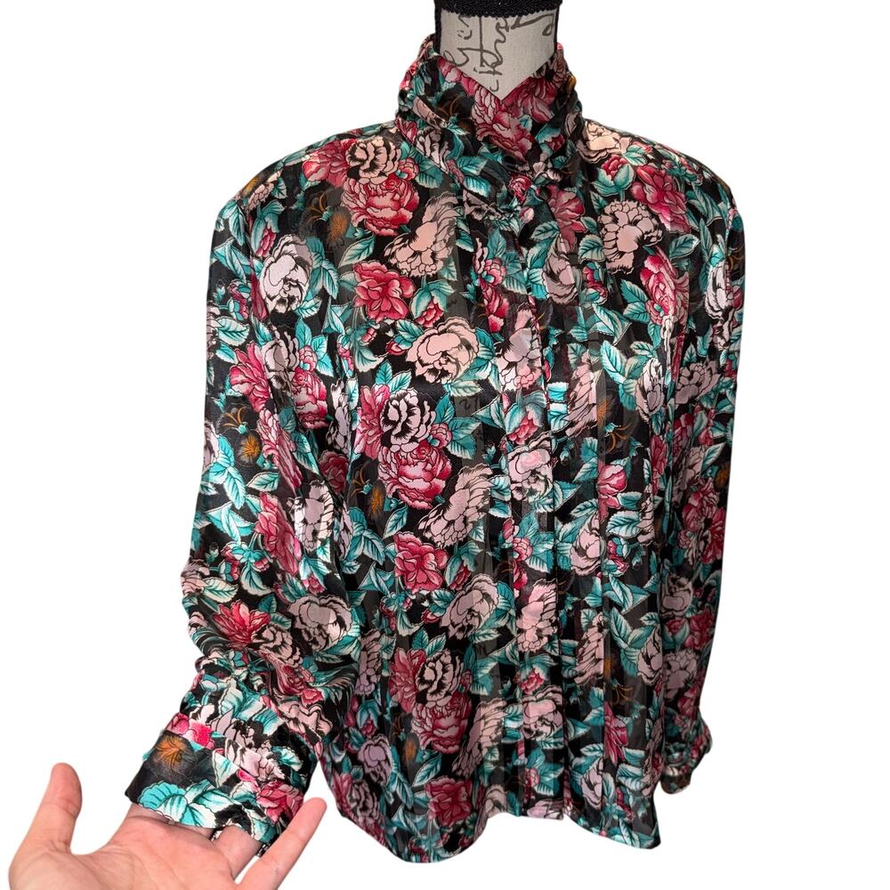Vintage 80s Floral Sheer Blouse Mandarin Collar Ruched Cuffs Cottagecore M 10P